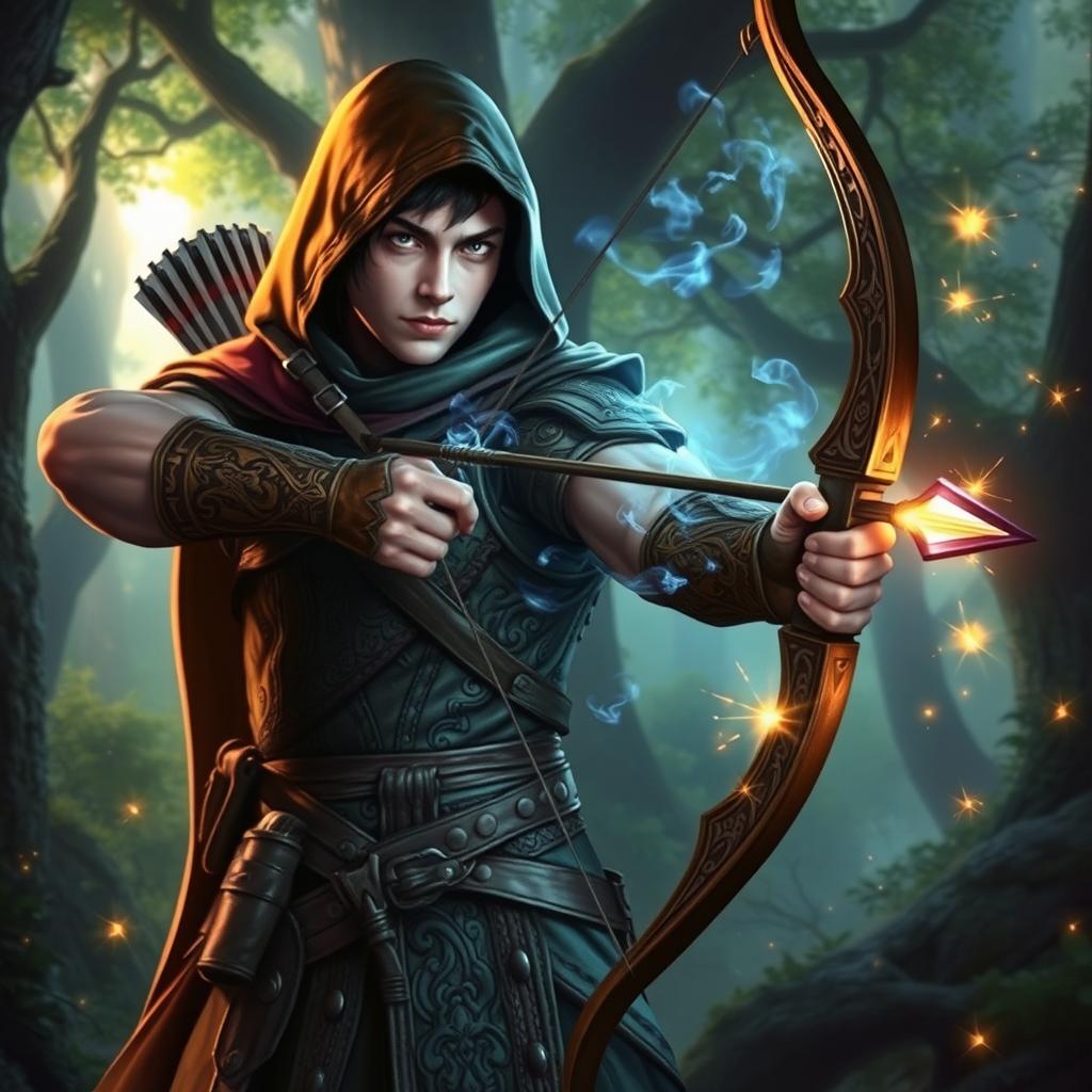 A powerful Arcane Archer inspired by Baldur's Gate 3, depicted in a fantasy setting