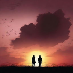 Two last humans on earth, silhouetted against a dramatic sunset, realizing the gravity of their solitary existence. Their expressions speak of determination and a mutual understanding in facing this new world.