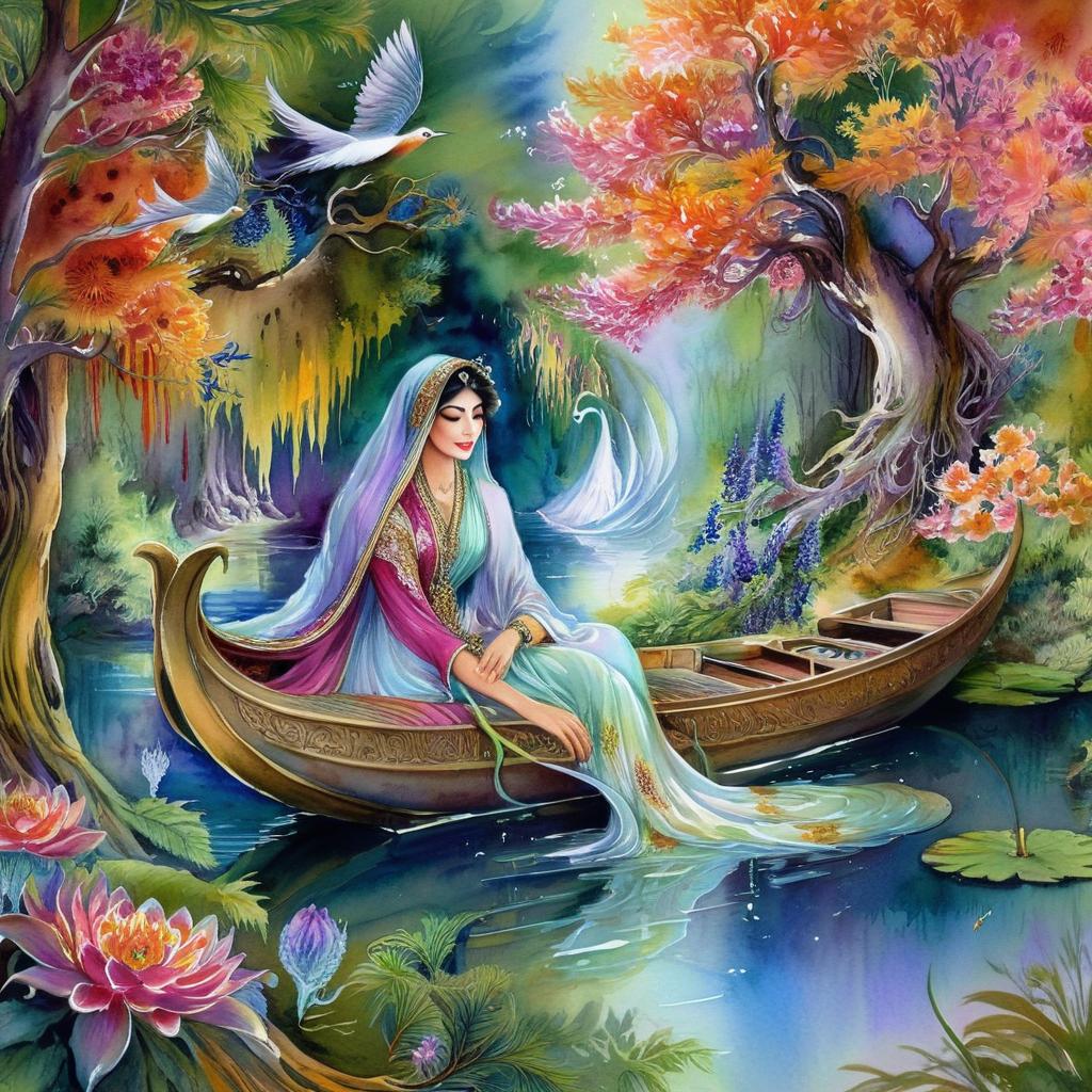 Mystical and spiritual watercolor painting of a beautiful Iranian woman sitting inside a royal boat on a beautiful and peaceful pond in a dense forest with cypress trees, plane trees, grapevines, winding bonsai trees, and a whirlwind of colorful flowers and beautiful.