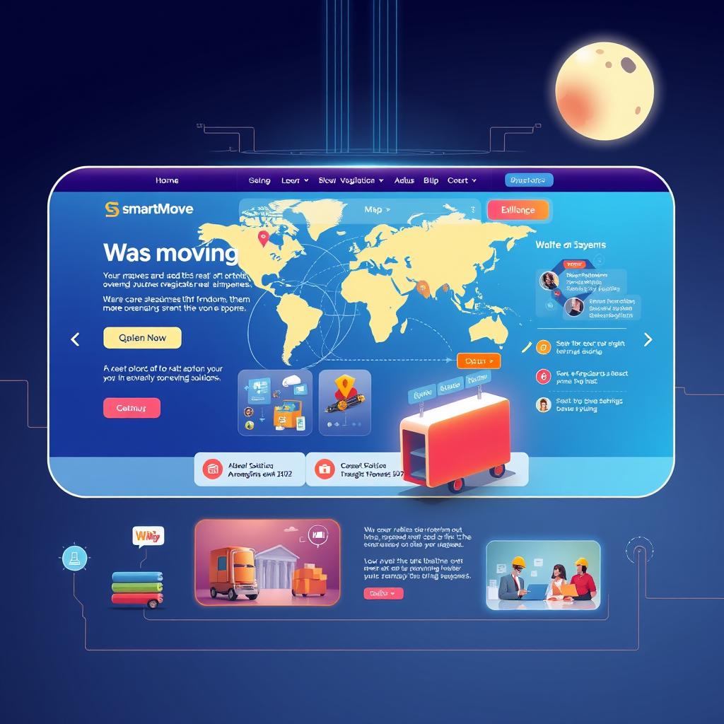 A detailed illustration of a futuristic, sleek website interface for a fictional company named SmartMove, showcasing features like an interactive map, user-friendly navigation, and attractive visuals that depict moving solutions