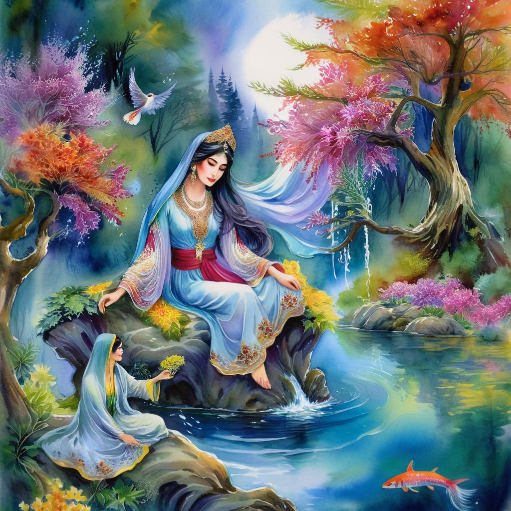 Mystical and spiritual watercolor painting of a beautiful Iranian woman sitting on a rock on a beautiful and peaceful pond in a dense forest with cypress trees, plane trees, grapevines, winding bonsai trees, and a whirlwind of colorful flowers and beautiful.