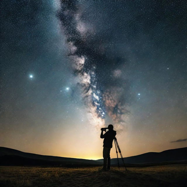 A photographer, with a camera mounted on a tripod, capturing a stunning image of the Milky Way against the dark night sky. The illumination of stars forms a picturesque backdrop to the photographer's silhouette.