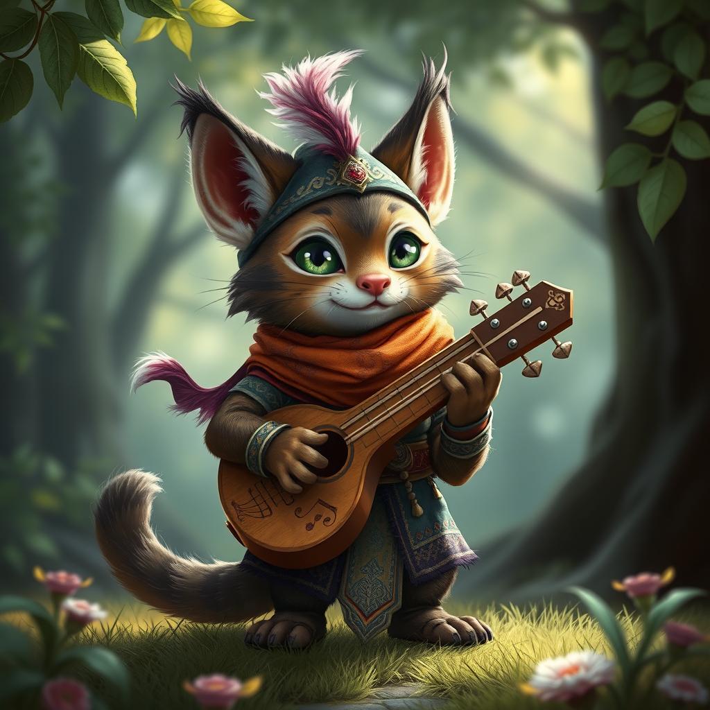 A small, adorable male tabaxi bard from Dungeons & Dragons, characterized by his soft fur, bright green eyes, and playful demeanor