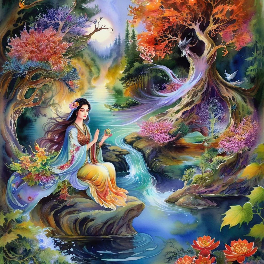 Mystical and spiritual watercolor painting of a beautiful Iranian woman sitting on a rock on a beautiful and peaceful pond in a dense forest with cypress trees, plane trees, grapevines, winding bonsai trees, and a whirlwind of colorful flowers and beautiful.