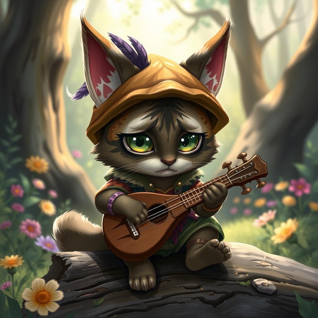 A small, cute male tabaxi bard from Dungeons & Dragons, looking upset with big, expressive green eyes filled with sadness