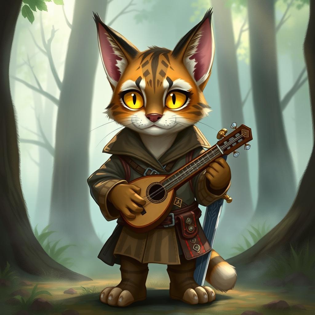 A small, male tabaxi bard from Dungeons & Dragons, looking upset with large, expressive yellow eyes reflecting his sorrow