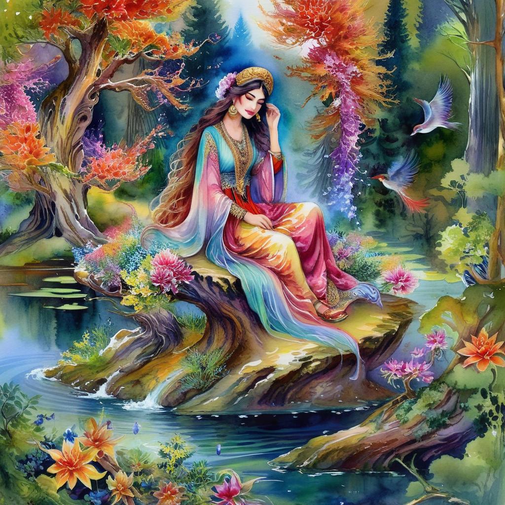 Mystical and spiritual watercolor painting of a beautiful Iranian woman sitting on a rock on a beautiful and peaceful pond in a dense forest with cypress trees, plane trees, grapevines, winding bonsai trees, and a whirlwind of colorful flowers and beautiful.