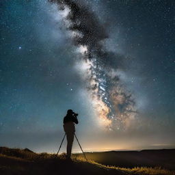 A photographer, with a camera mounted on a tripod, capturing a stunning image of the Milky Way against the dark night sky. The illumination of stars forms a picturesque backdrop to the photographer's silhouette.