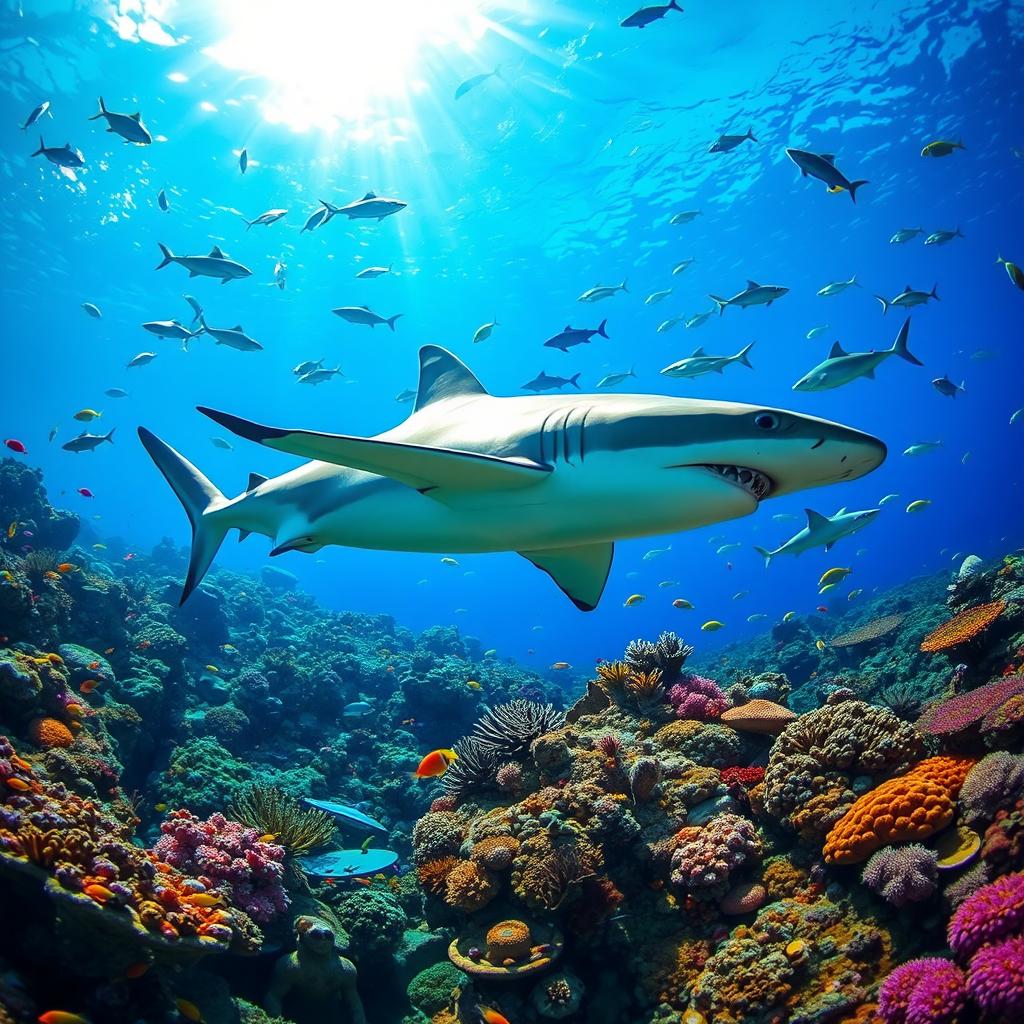 A vibrant underwater scene filled with various species of sharks swimming harmoniously together in a colorful reef environment