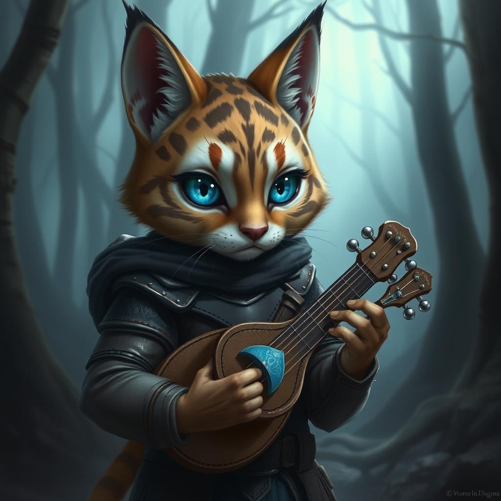 A small male tabaxi bard from Dungeons & Dragons, looking upset with big, expressive blue eyes that convey his sorrow