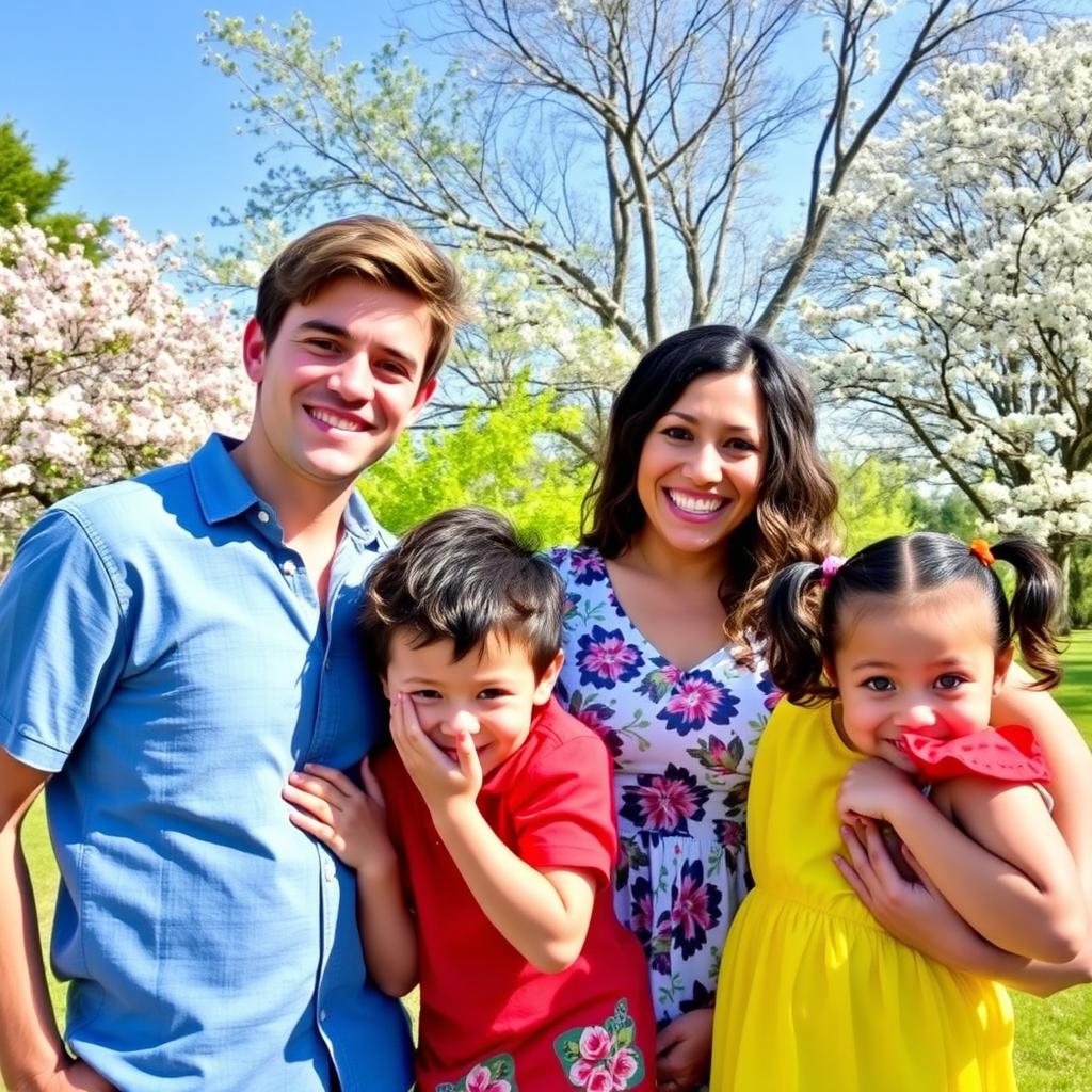 A joyful and happy family portrait featuring four members: a smiling father with short brown hair wearing a casual blue shirt, a cheerful mother with long wavy dark hair in a floral dress, a playful boy around 8 years old with curly hair and a red t-shirt, and a cute girl around 5 years old with pigtails in a bright yellow dress