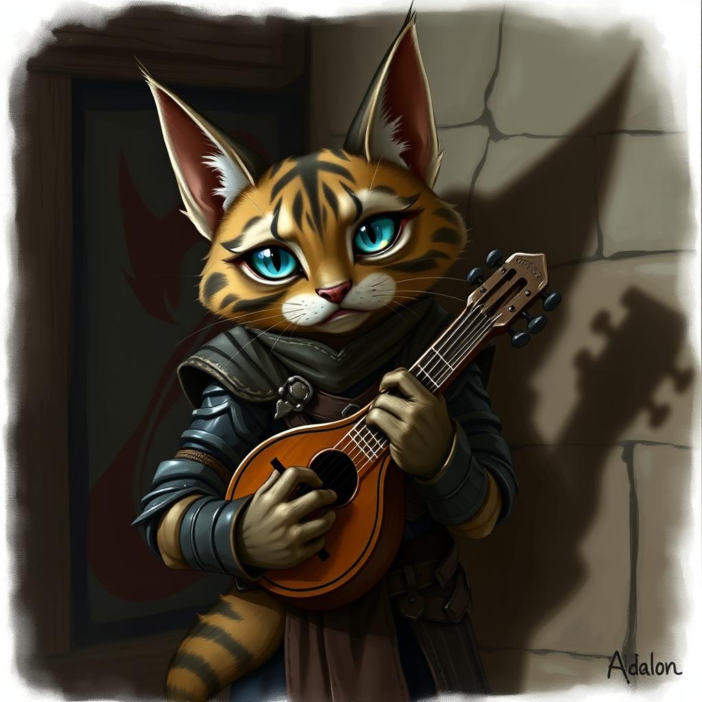 A small male tabaxi bard from Dungeons & Dragons, looking upset with large, expressive blue eyes that convey his sadness