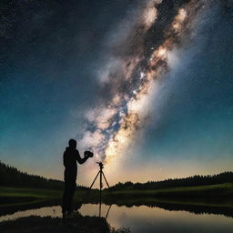 A photographer, with a camera mounted on a tripod, capturing a stunning image of the Milky Way against the dark night sky. The illumination of stars forms a picturesque backdrop to the photographer's silhouette.