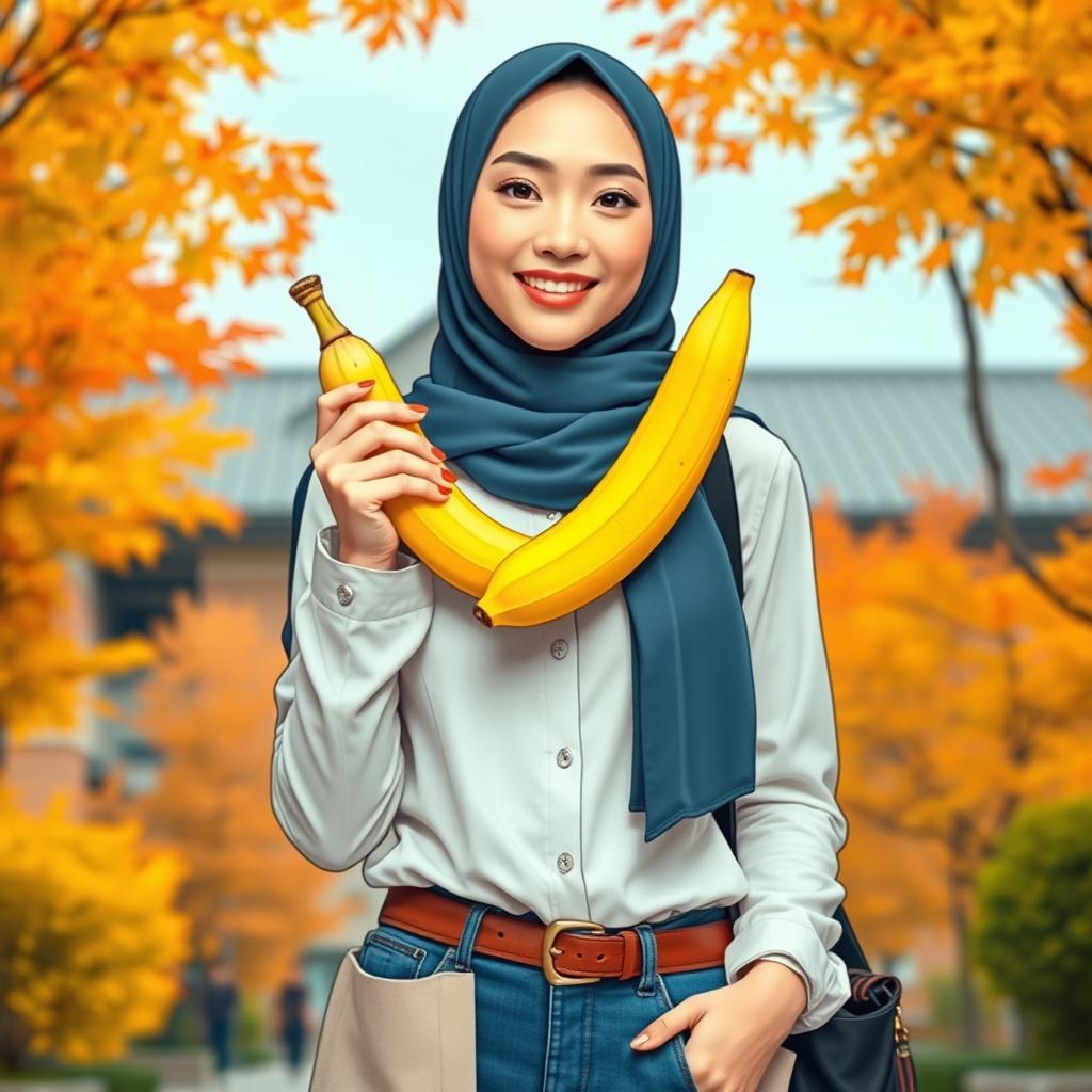 A beautiful woman wearing a hijab, featuring a large and rounded bust, reflecting a charming blend of English and South Korean heritage