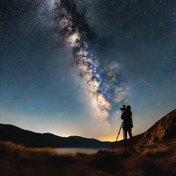 A photographer, with a camera mounted on a tripod, capturing a stunning image of the Milky Way against the dark night sky. The illumination of stars forms a picturesque backdrop to the photographer's silhouette.