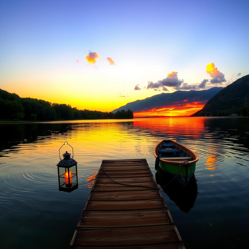 A serene landscape with a vibrant sunset reflecting off a calm lake, surrounded by lush green trees and mountains in the background
