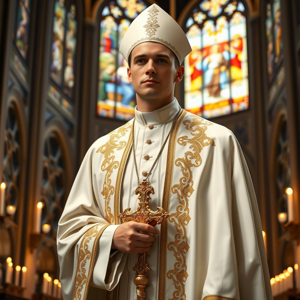 A handsome male figure dressed in elegant papal attire, including a traditional white papal cassock, an ornate gold-embroidered cope, and a white zucchetto