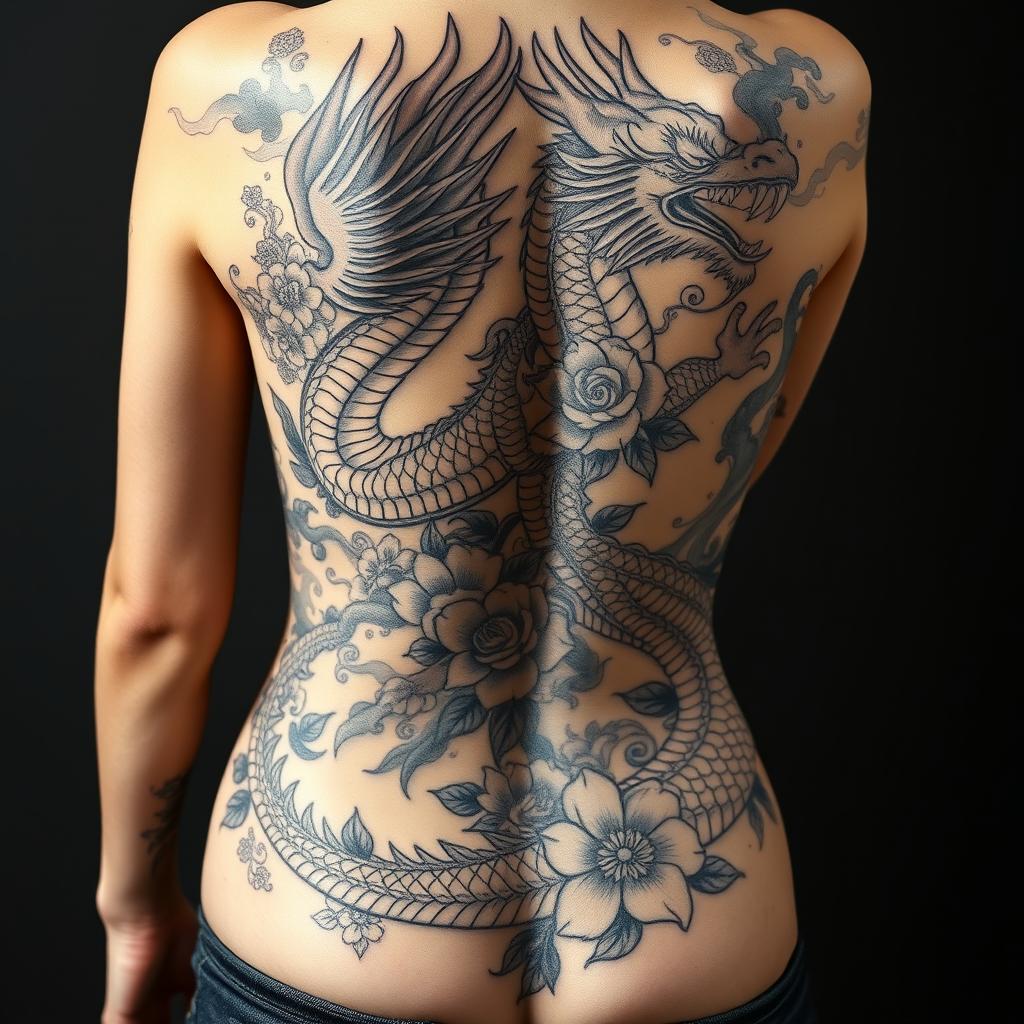 A large, intricately designed Yakuza-style dragon tattoo, wrapping around the body of an adult woman