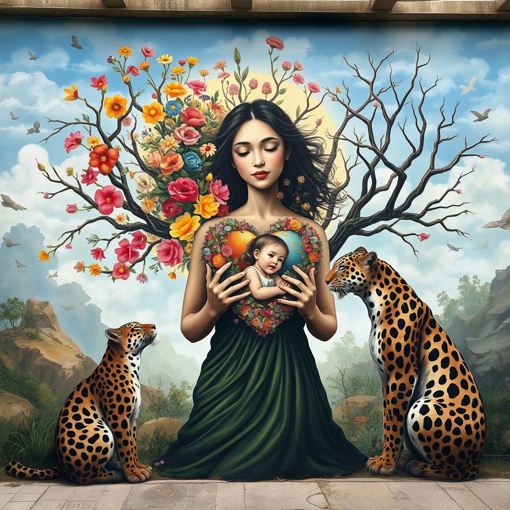 A mural-style painting featuring a mother woman in the center, embodying nature, looking down lovingly