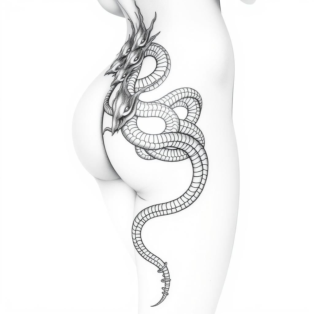 An intricate and detailed design of a multi-headed hydra tattoo, with each serpent-like head artfully intertwined