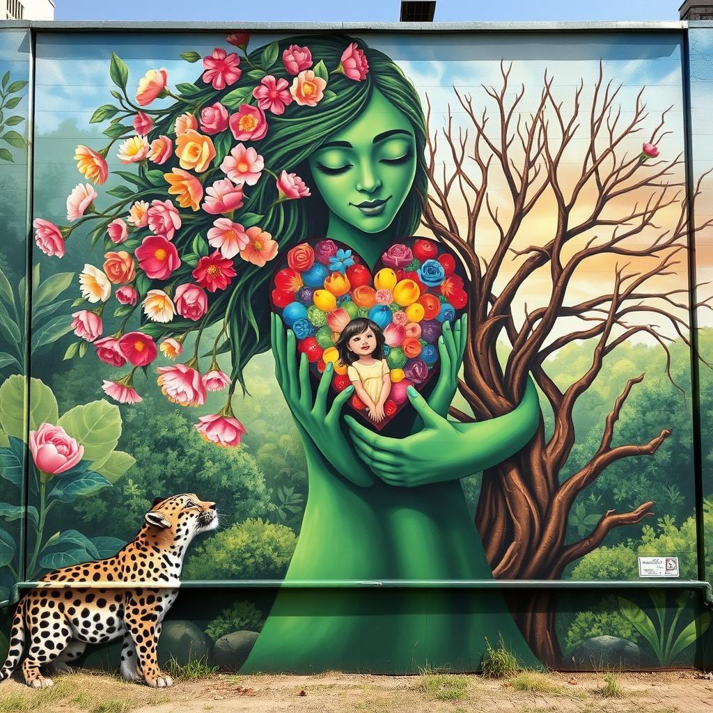 A vibrant mural painting depicting a loving green mother figure, representing nature, gazing downward with affection