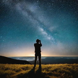 A dedicated photographer on a starlit evening, with a camera pointed towards the night sky. Twinkling stars and celestial bodies forming the perfect canvas for their enchanting nighttime landscape photography.