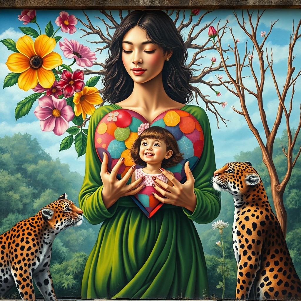 A mural-style painting featuring a mother woman at the center, dressed in nature-inspired green, looking down lovingly