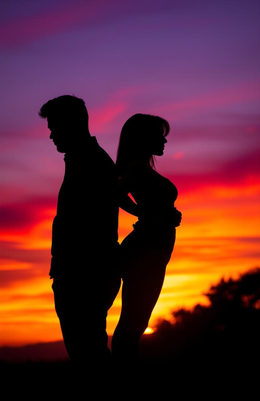 A silhouette of a man and a woman standing back to back, representing contrasting energies and personalities, set against a stunning sunset backdrop