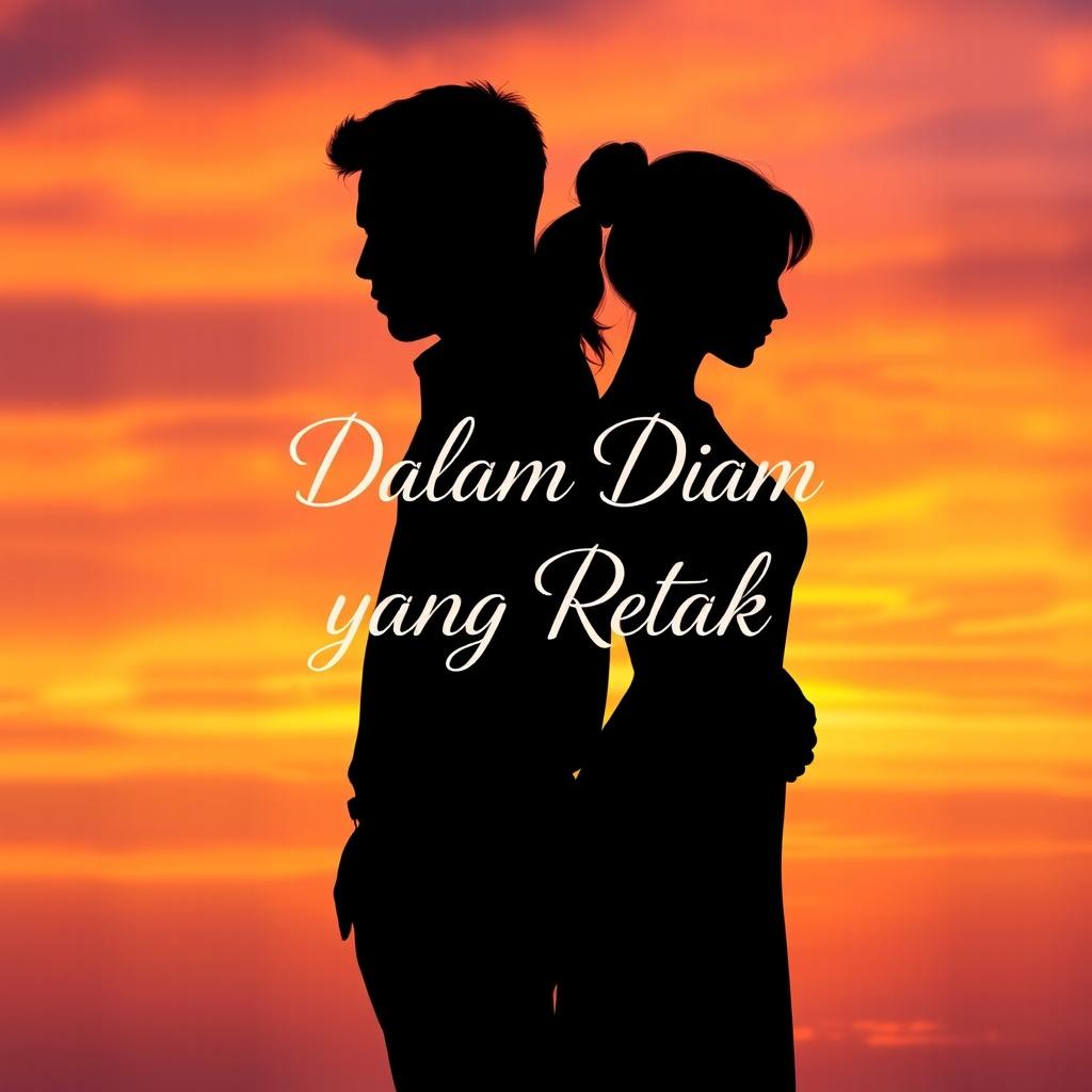 A silhouette of a man and a woman standing back to back, embodying contrasting emotions and energies, against a breathtaking sunset backdrop