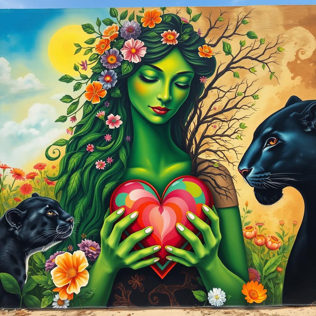 A mural painting featuring a mother woman at the center, embodying nature with green hues