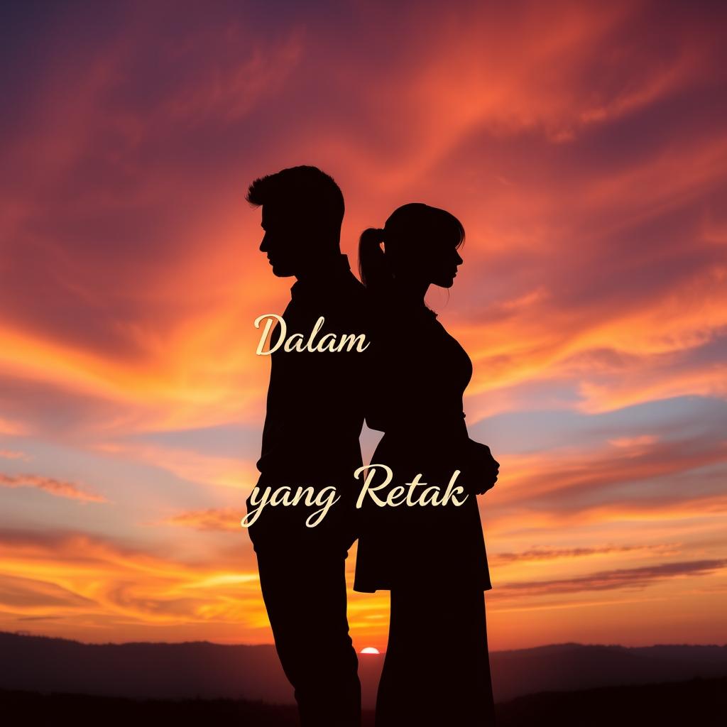 A silhouette of a man and a woman standing back to back, symbolizing contrasting emotions and energies, with a magnificent sunset backdrop