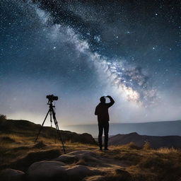 A dedicated photographer on a starlit evening, with a camera pointed towards the night sky. Twinkling stars and celestial bodies forming the perfect canvas for their enchanting nighttime landscape photography.