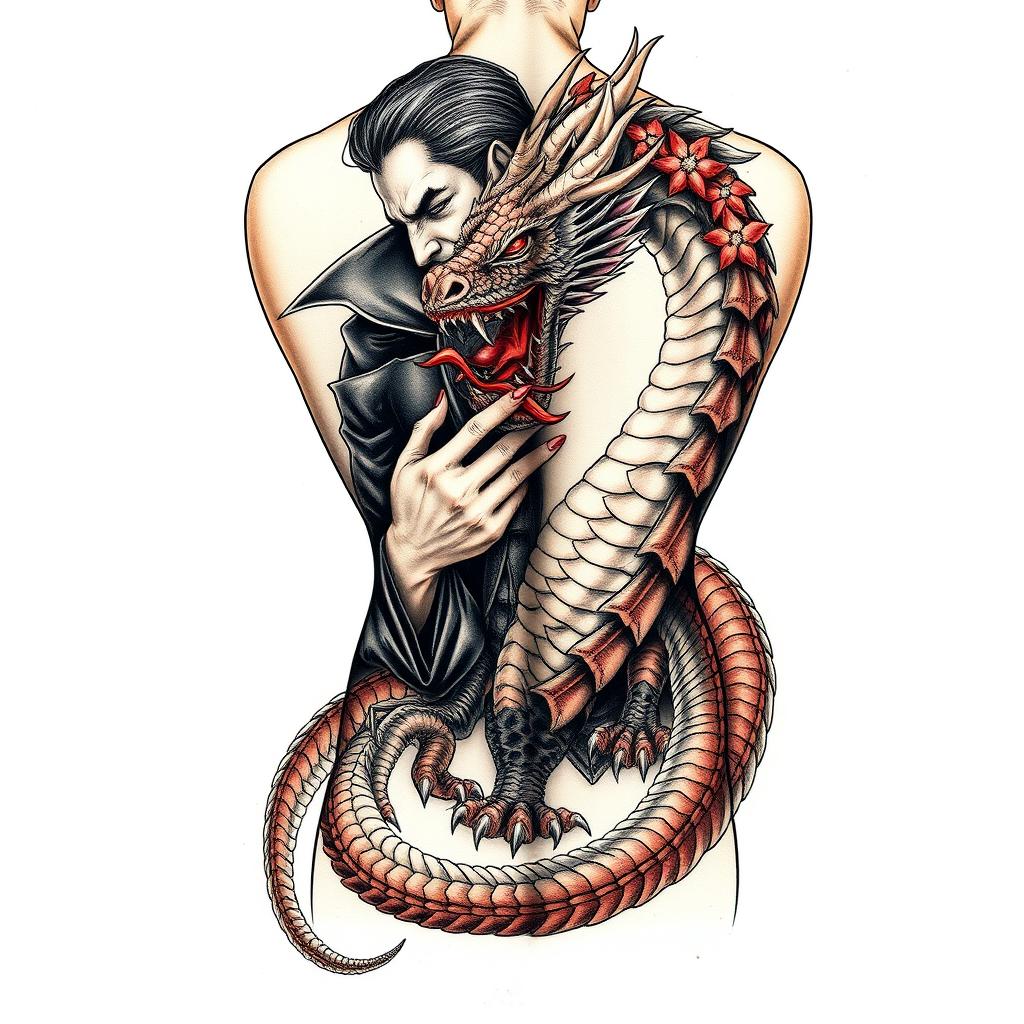 A full-body tattoo design featuring a vampire devouring a dragon, intricately detailed