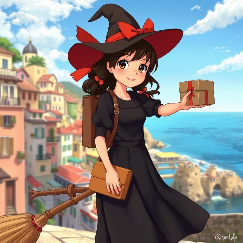 A young witch delivering packages, inspired by Kiki's Delivery Service, depicted in a realistic art style