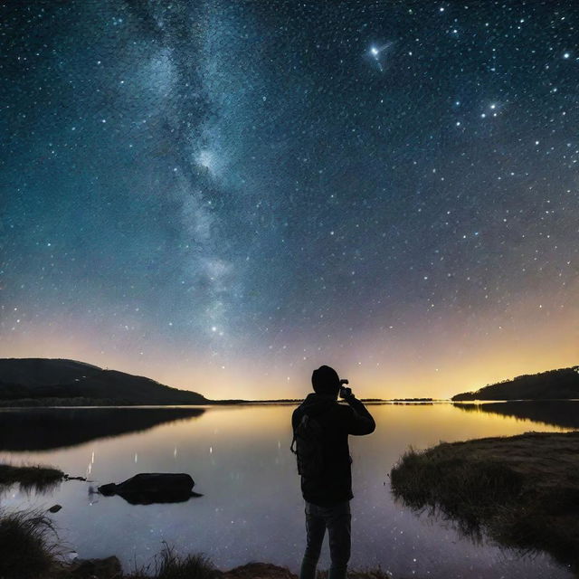 A dedicated photographer on a starlit evening, with a camera pointed towards the night sky. Twinkling stars and celestial bodies forming the perfect canvas for their enchanting nighttime landscape photography.