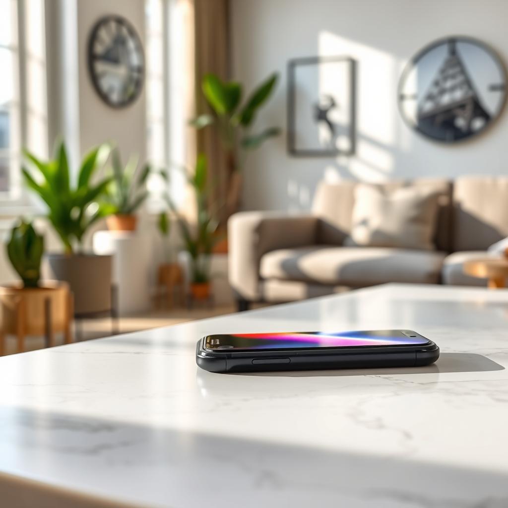 A sleek, modern black iPhone placed on a minimalist white marble table