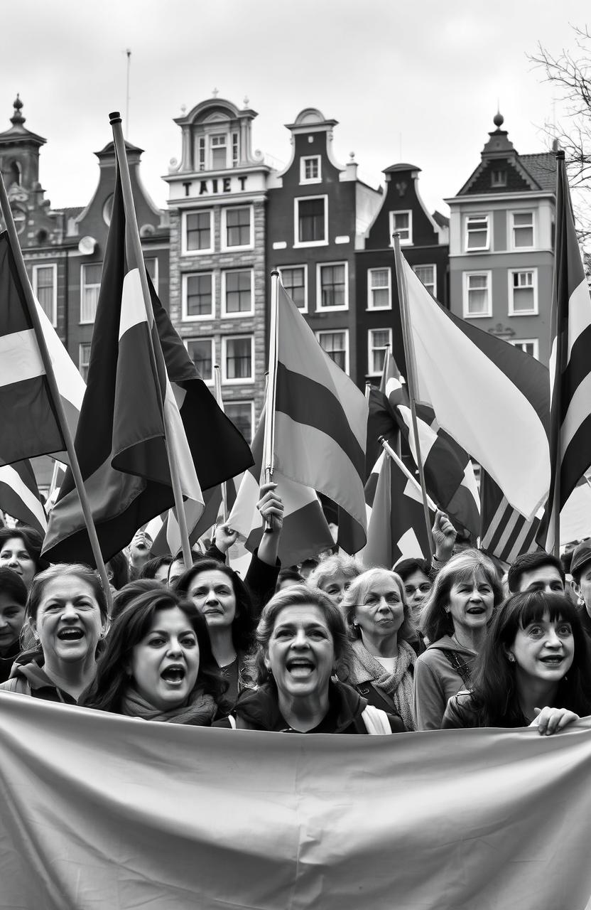 A striking image of a flagged protest in Amsterdam, capturing the intensity and emotions of the moment