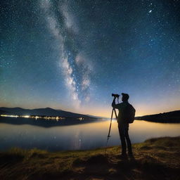 A dedicated photographer on a starlit evening, with a camera pointed towards the night sky. Twinkling stars and celestial bodies forming the perfect canvas for their enchanting nighttime landscape photography.