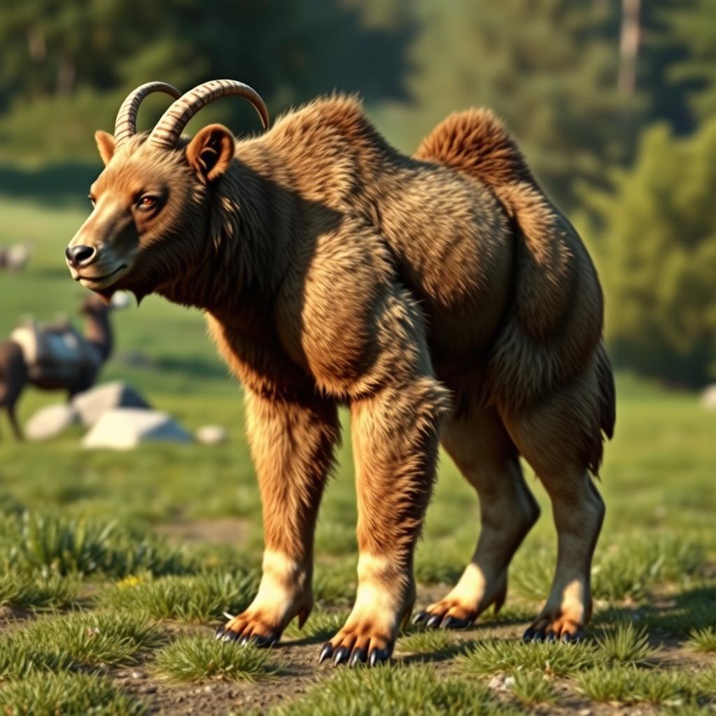 A realistic depiction of a hybrid creature that combines the features of a bear, goat, and camel