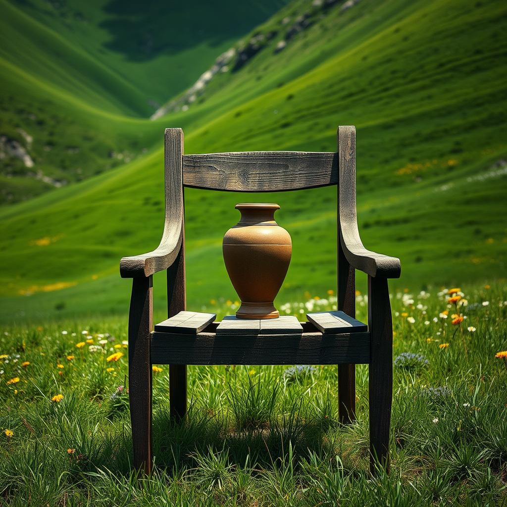 A highly realistic depiction of an old, broken wooden chair with no arms, viewed from the front, standing empty in the middle of a lush green mountain meadow