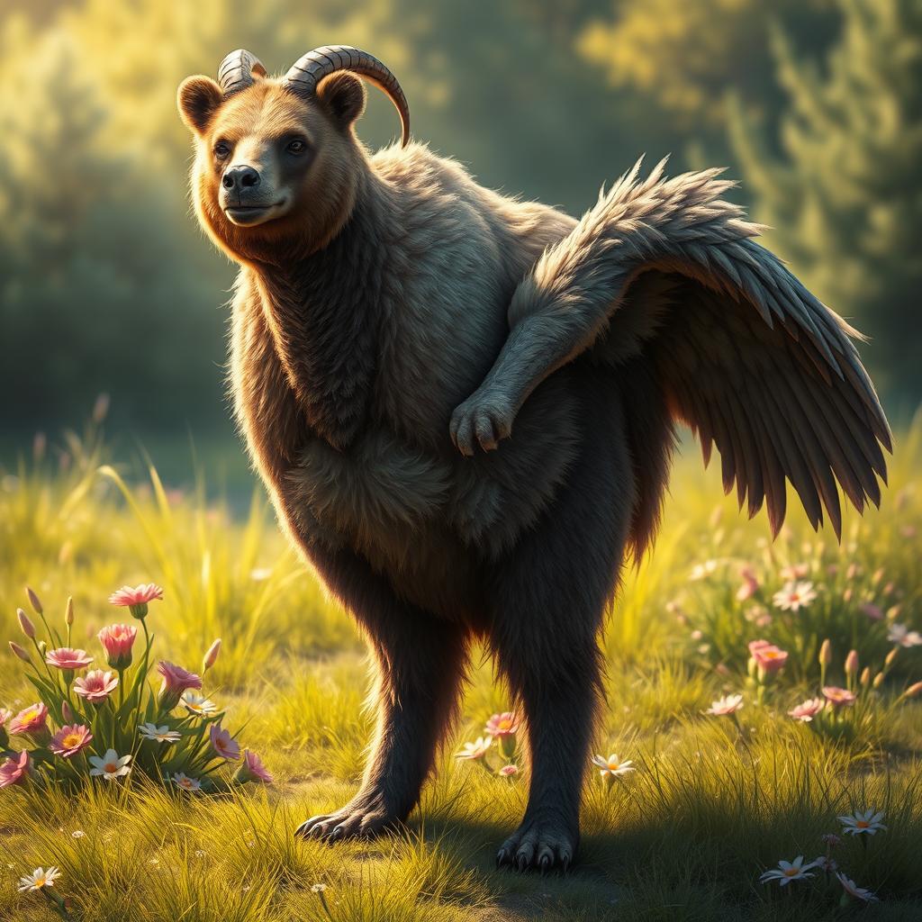 A realistic depiction of a hybrid creature that combines the features of a bear, goat, and ostrich