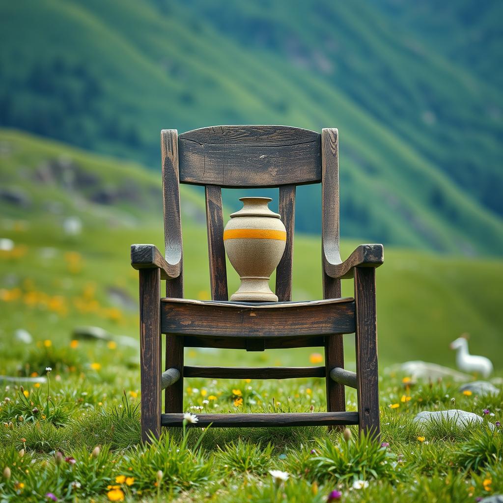 A highly realistic image of an old, broken wooden chair seen from the front, without arms, positioned empty in the middle of a vibrant green mountainous meadow