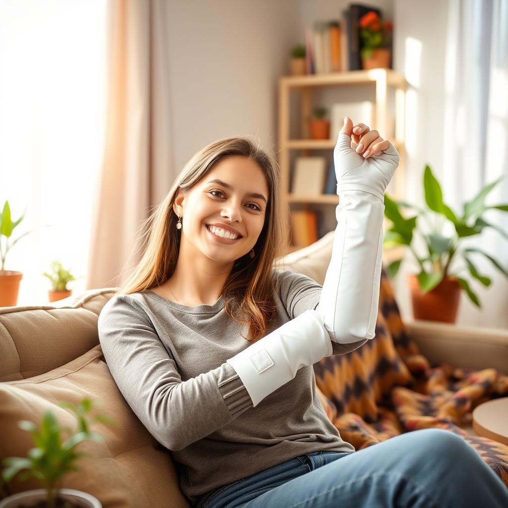 A young woman in a relaxed pose, sitting in a cozy living room filled with soft, natural lighting