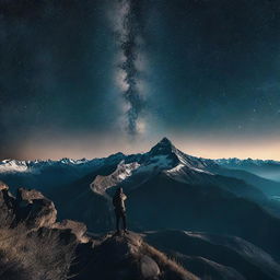 A single photographer perched high up in a mountain, targeting a high-end camera towards the mesmerizing night sky. Mountain peaks adding drama to the scene while countless stars glitter in the inky backdrop.