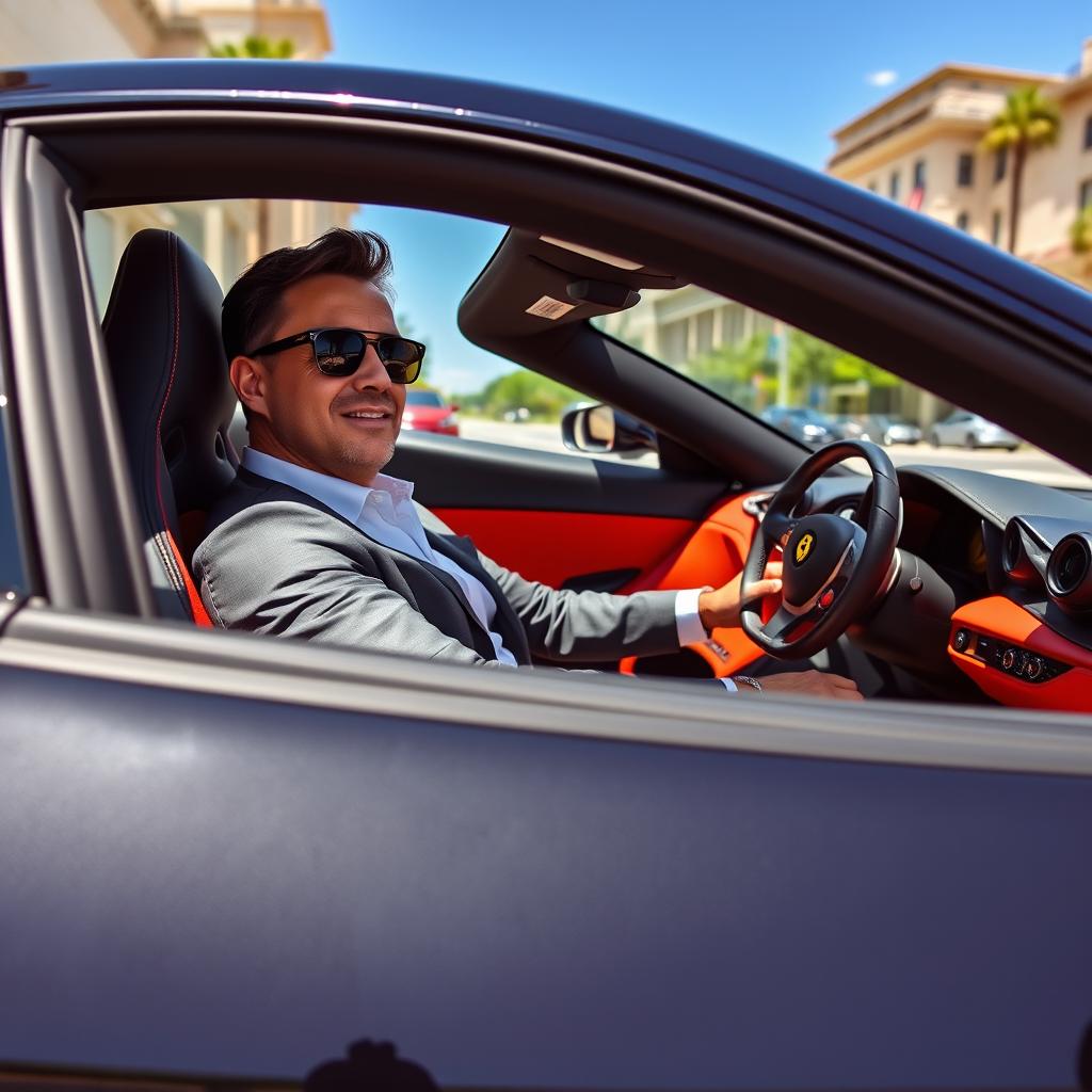 A man confidently sitting in a sleek black Ferrari car, interior beautifully detailed with luxurious leather seats and modern technology