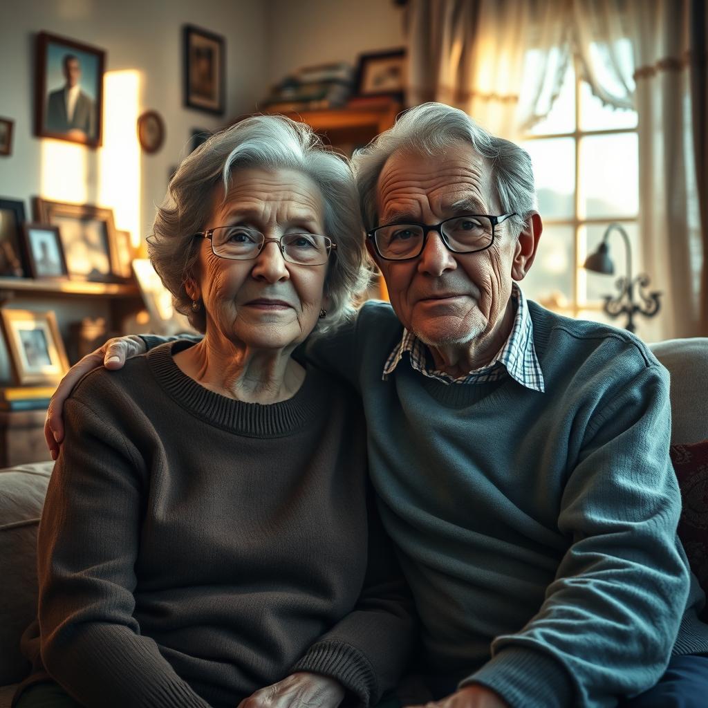 A depiction of two people appearing significantly older than their current age, with realistic aging features such as gray hair, deep-set wrinkles, and signs of wisdom in their expressions