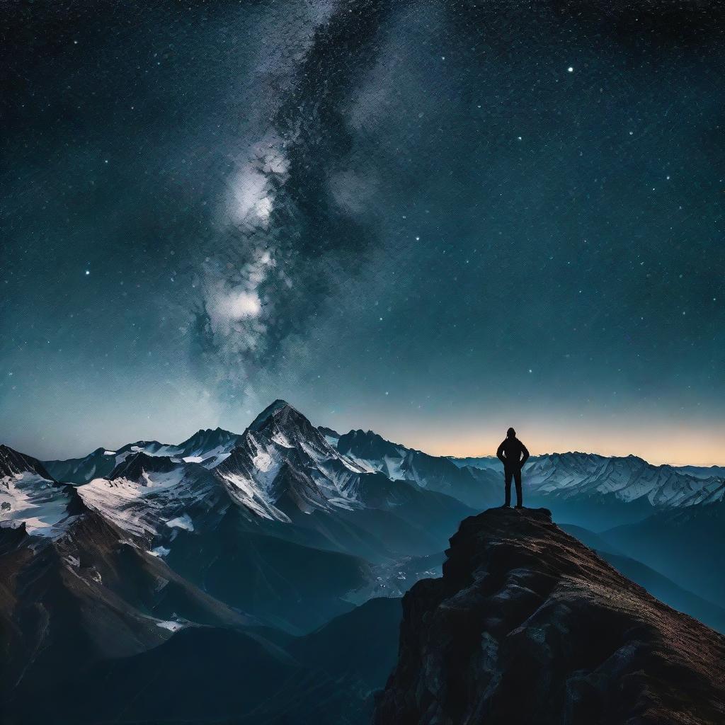 A single photographer perched high up in a mountain, targeting a high-end camera towards the mesmerizing night sky. Mountain peaks adding drama to the scene while countless stars glitter in the inky backdrop.