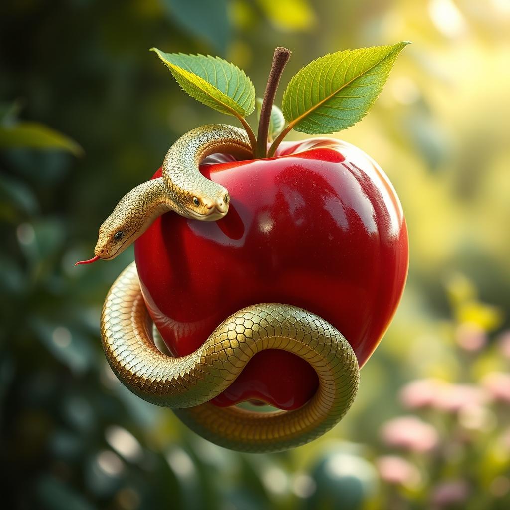 A fantastical creature that is a snake fused seamlessly with a shiny red apple, the snake's body spiraling around the apple, with vibrant green leaves sprouting from the top