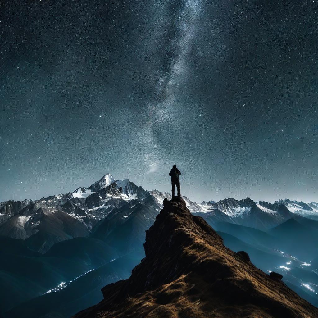 A single photographer perched high up in a mountain, targeting a high-end camera towards the mesmerizing night sky. Mountain peaks adding drama to the scene while countless stars glitter in the inky backdrop.