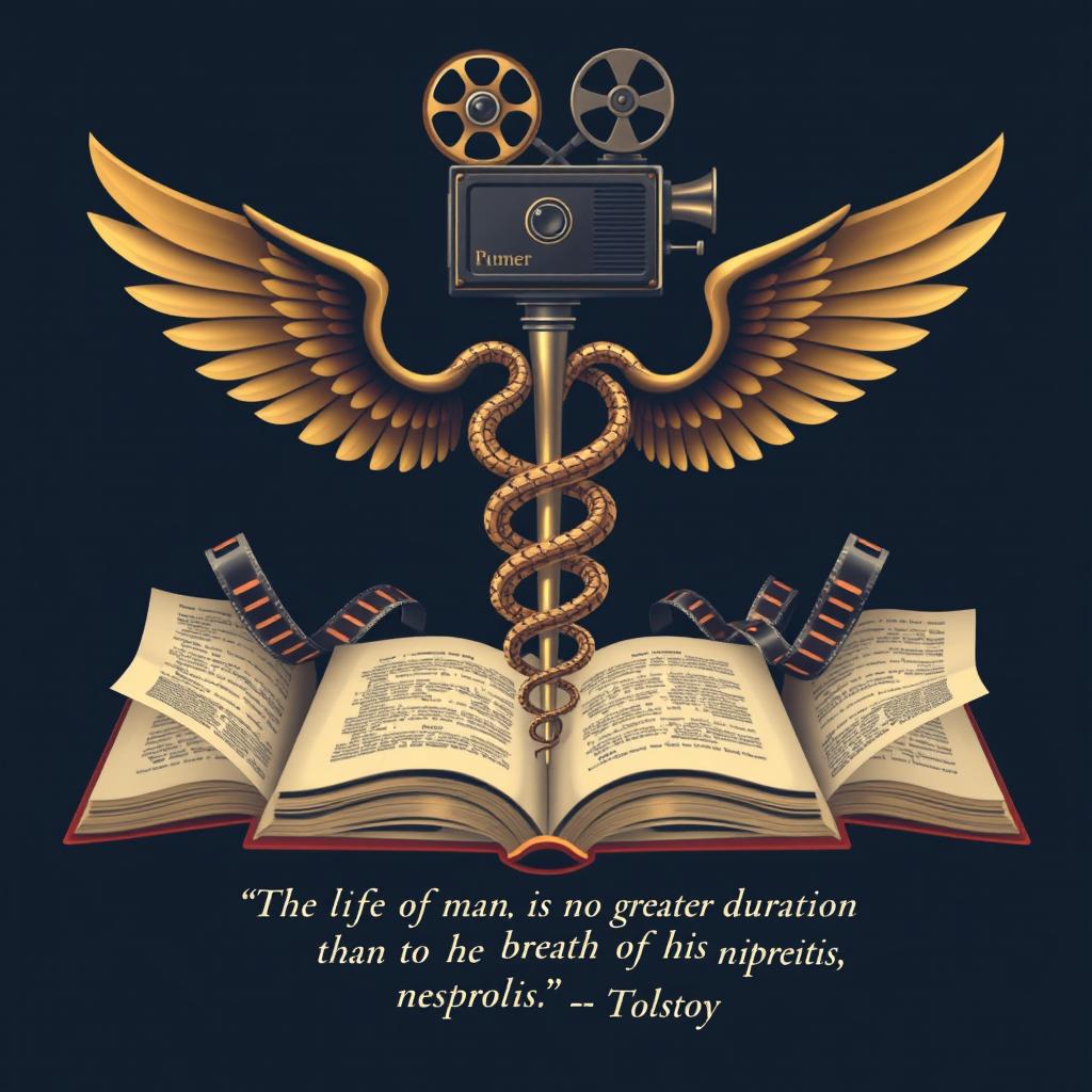 A wallpaper design featuring a central caduceus crest with two snakes intertwined around film strips instead of a staff, topped with elegant wings